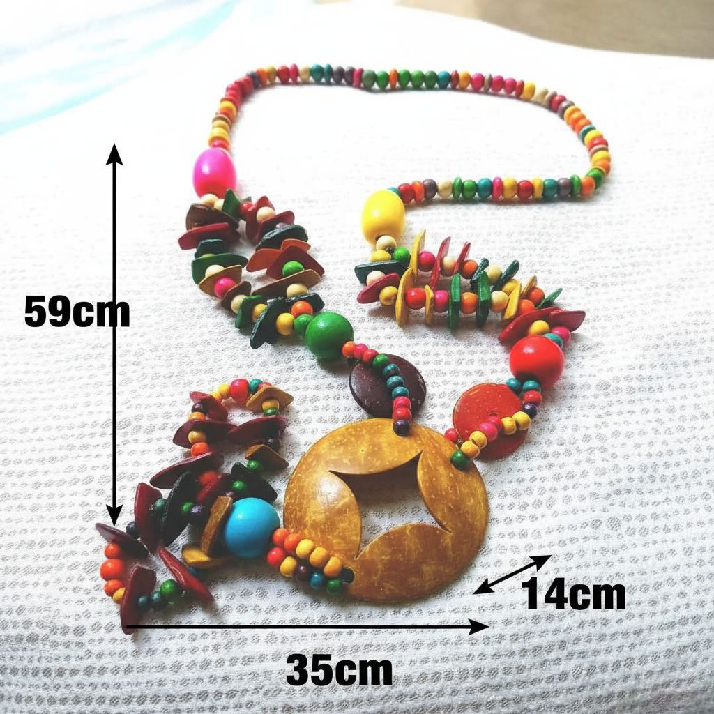 Collier artisanal multicolore en perles bois naturel, bijou bohème femme