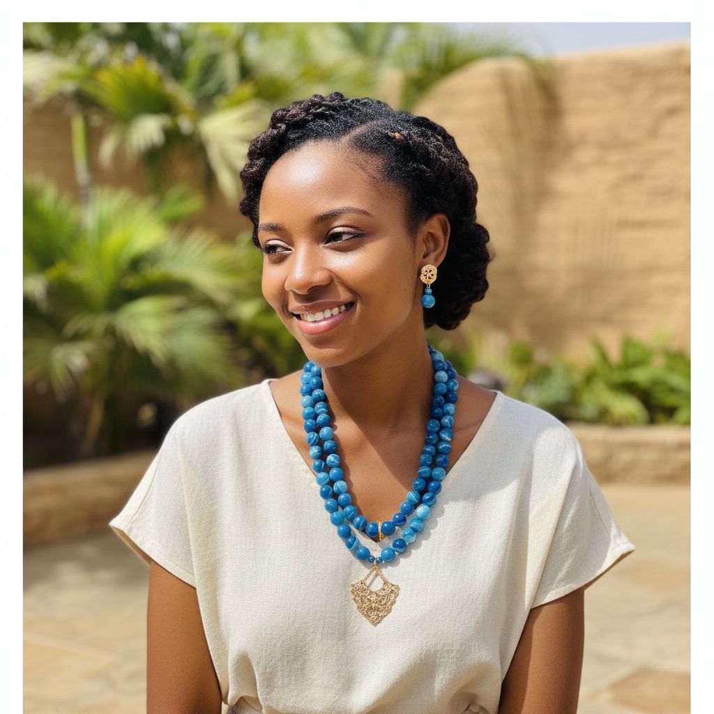 Collier bleu femme bohème chic en perles naturelles et bois doré élégant