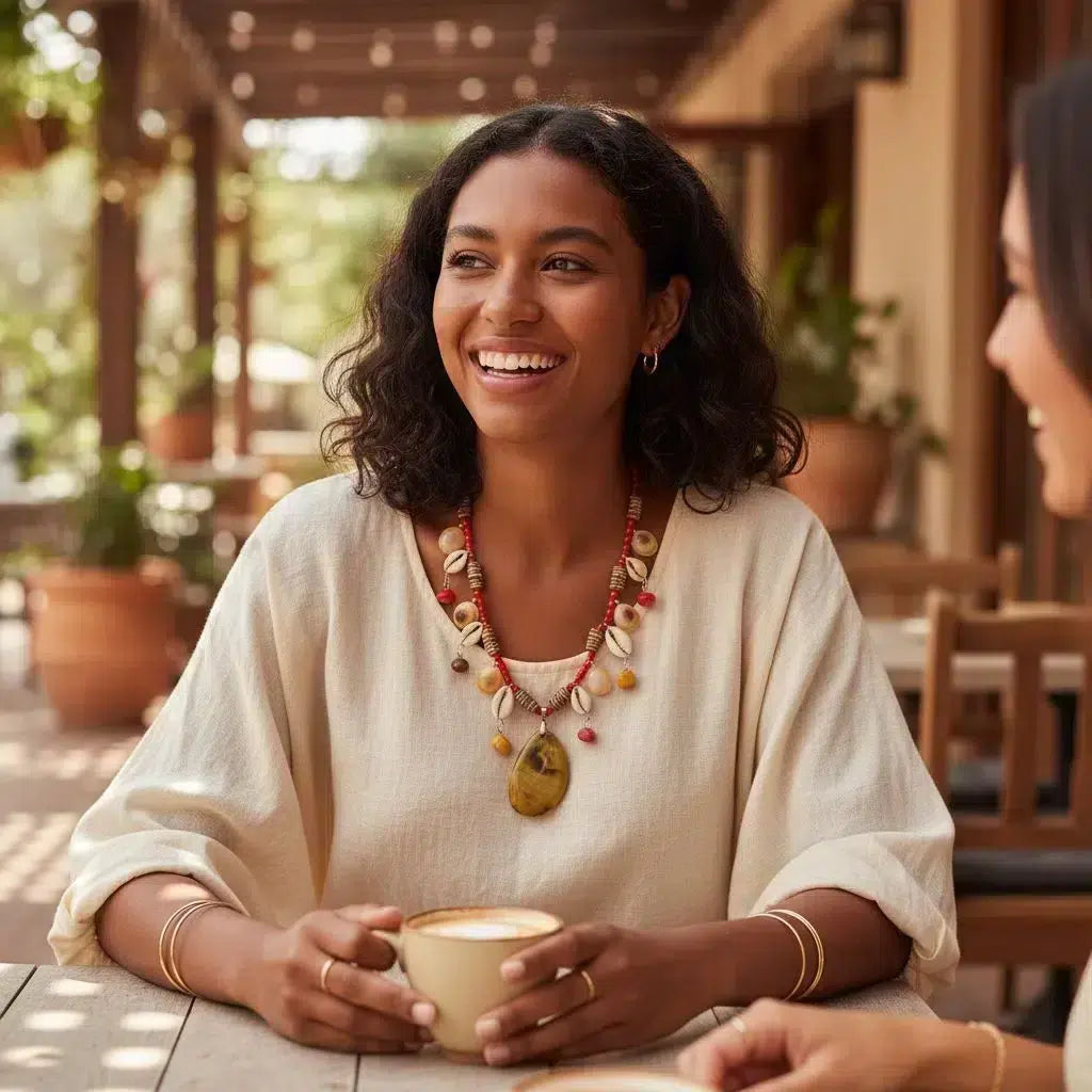 Collier cauris artisanal et boucles d’oreilles Cauria – Bijoux ethniques femme