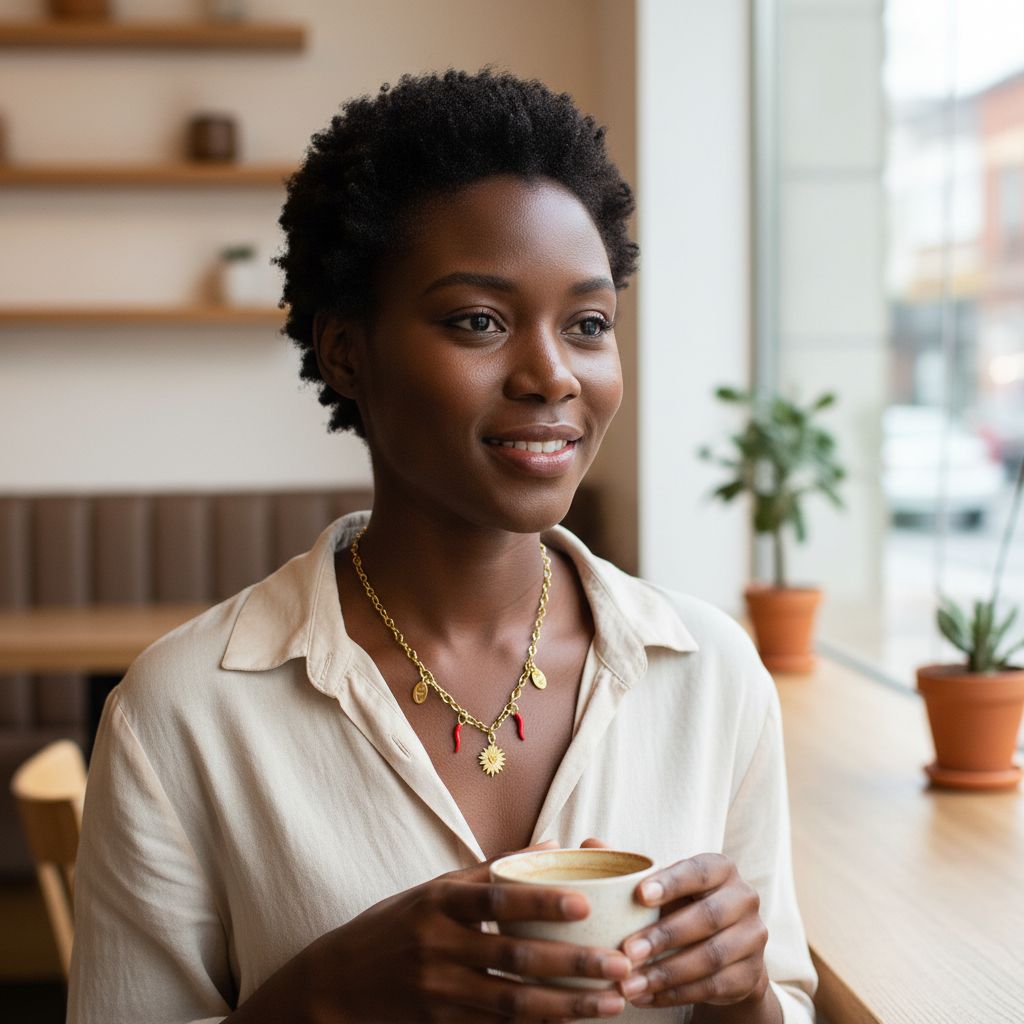 Collier charms femme acier inoxydable or, pendentif corne rouge élégant