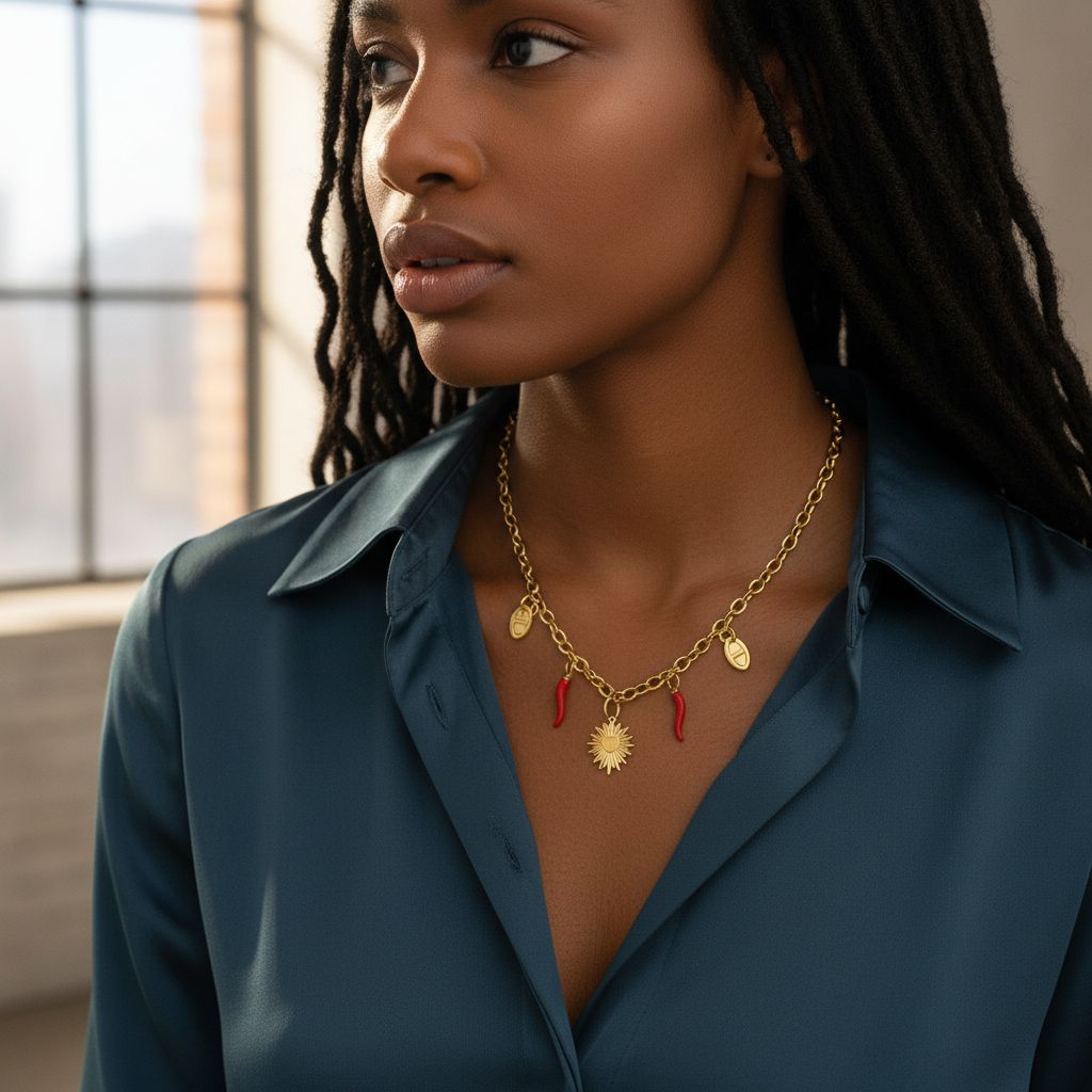 Collier charms femme acier inoxydable or, pendentif corne rouge élégant