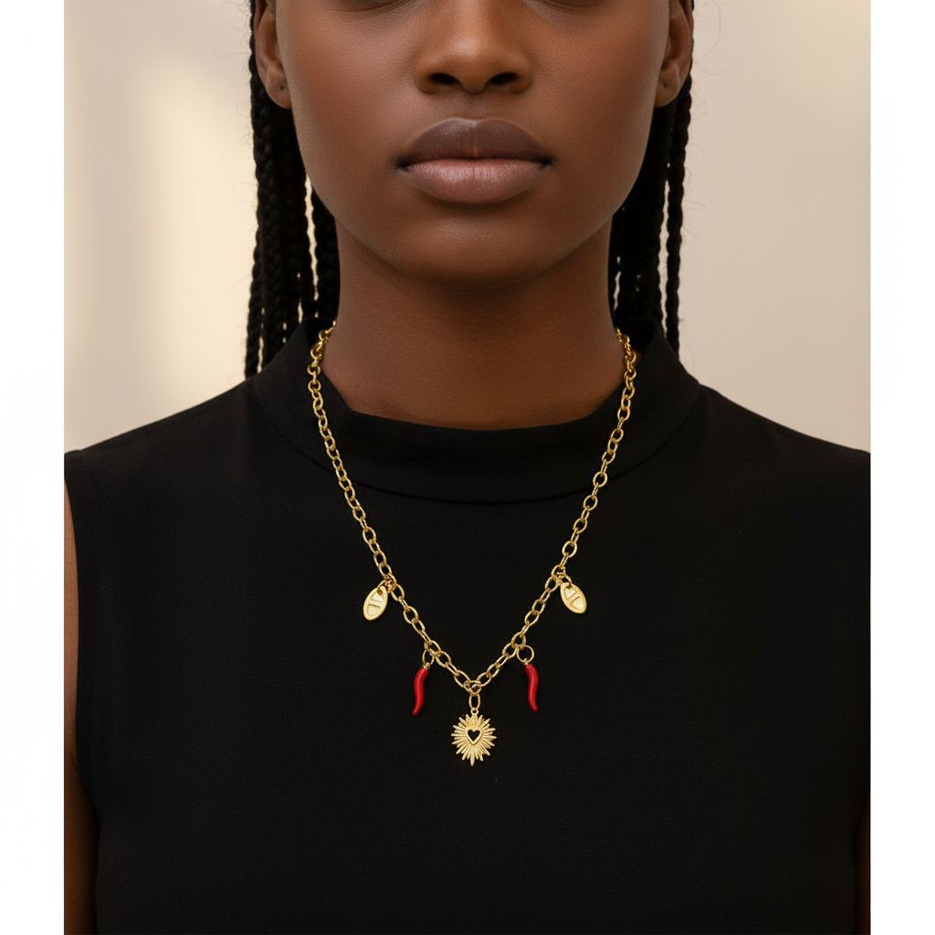 Collier charms femme acier inoxydable or, pendentif corne rouge élégant