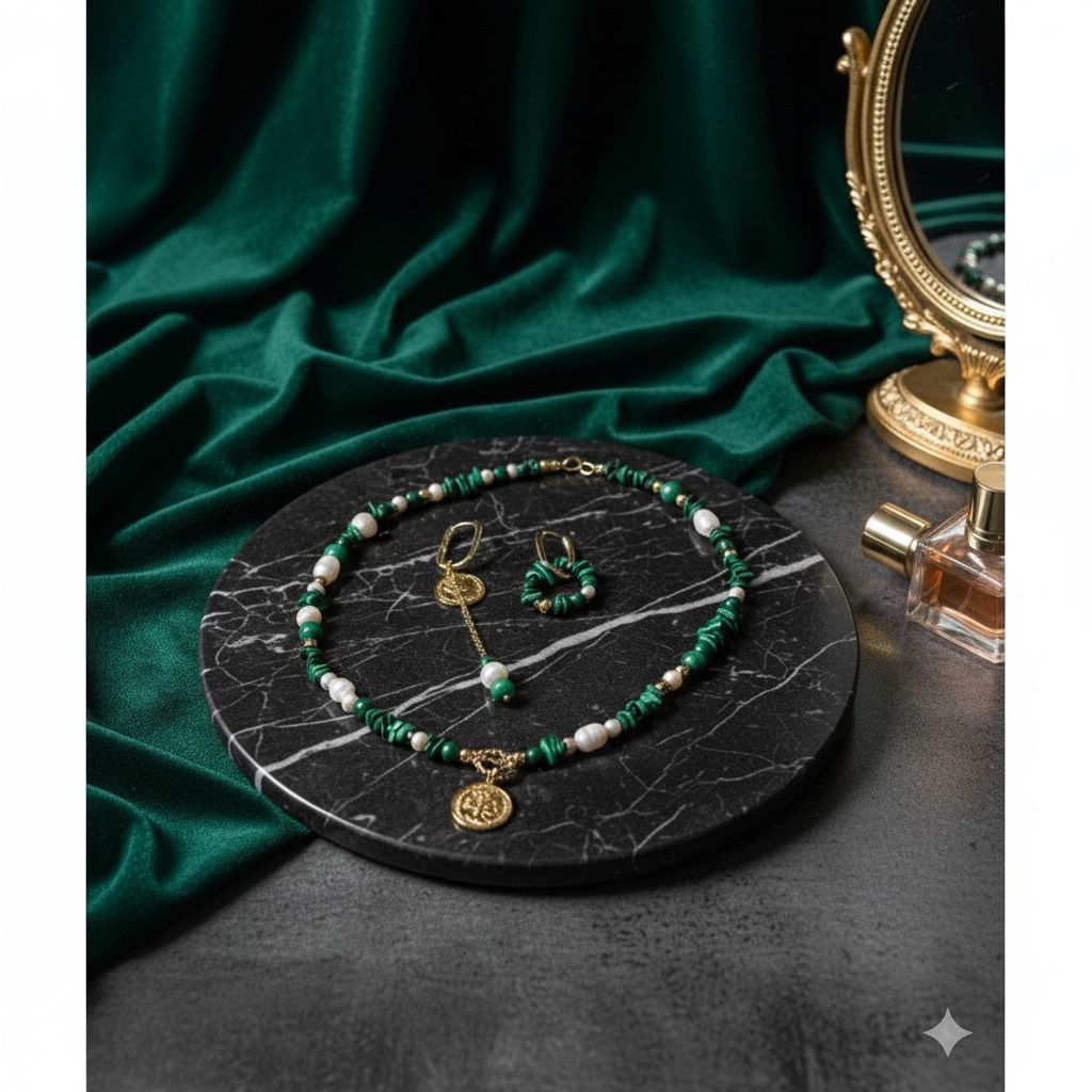 Collier malachite femme perles d’eau douce acier inoxydable