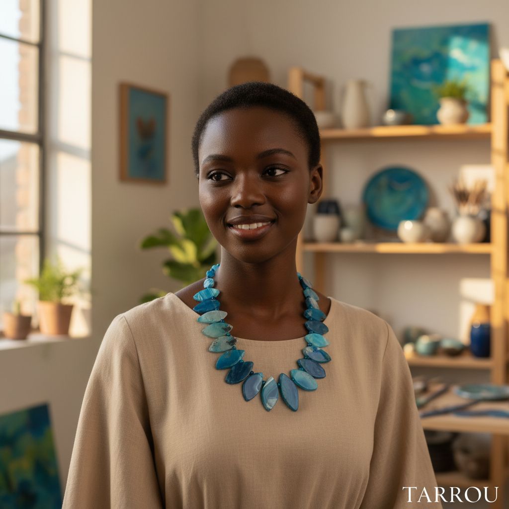 Collier pierre naturelle bleu agate et calcédoine, bijou artisanal femme