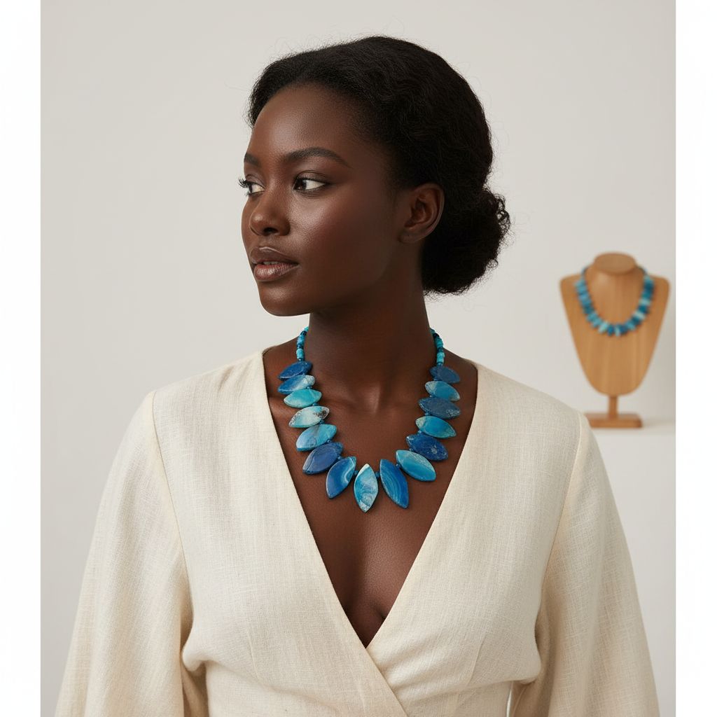 Collier pierre naturelle bleu agate et calcédoine, bijou artisanal femme