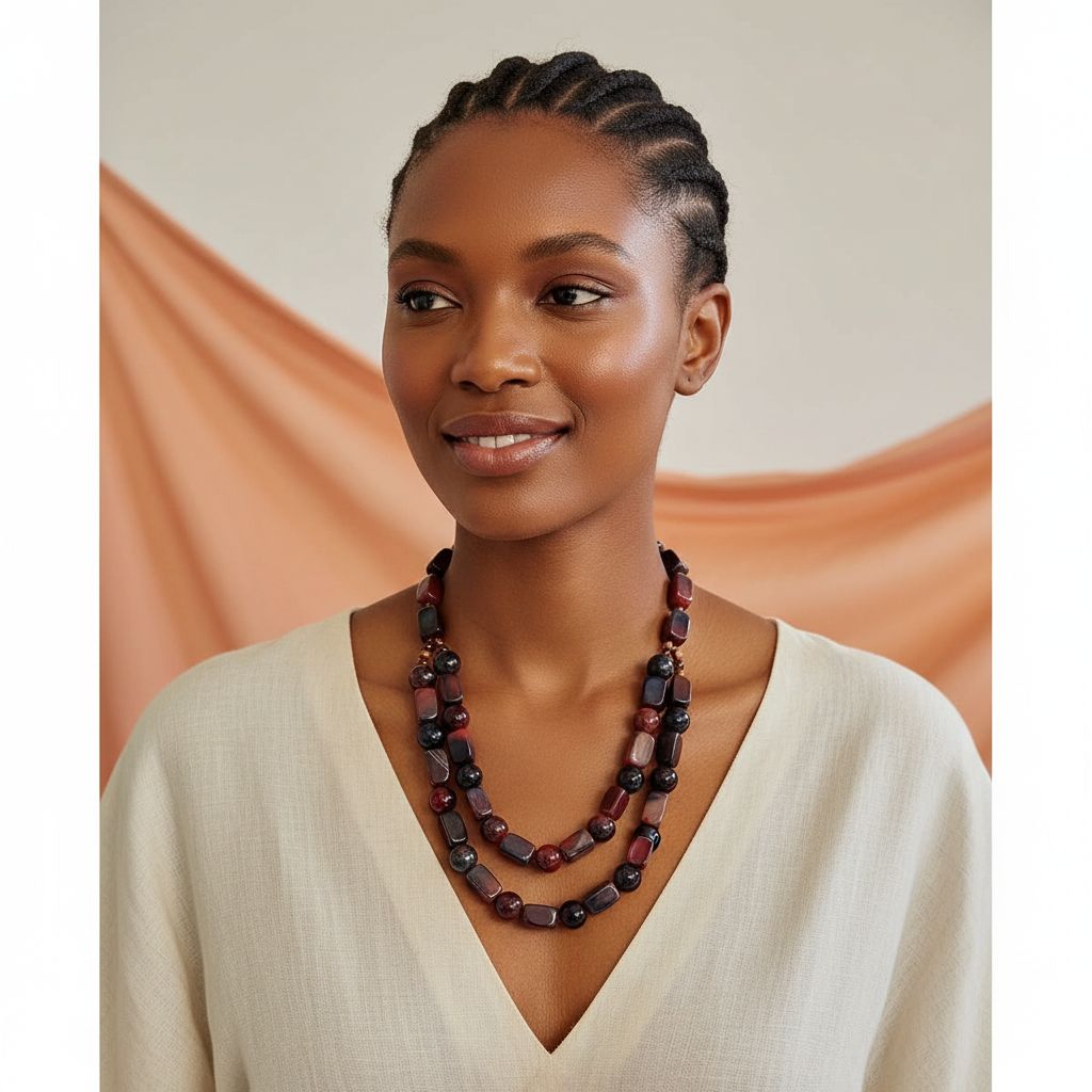 Collier pierres naturelles gris foncé double rang, bijou artisanal élégant femme