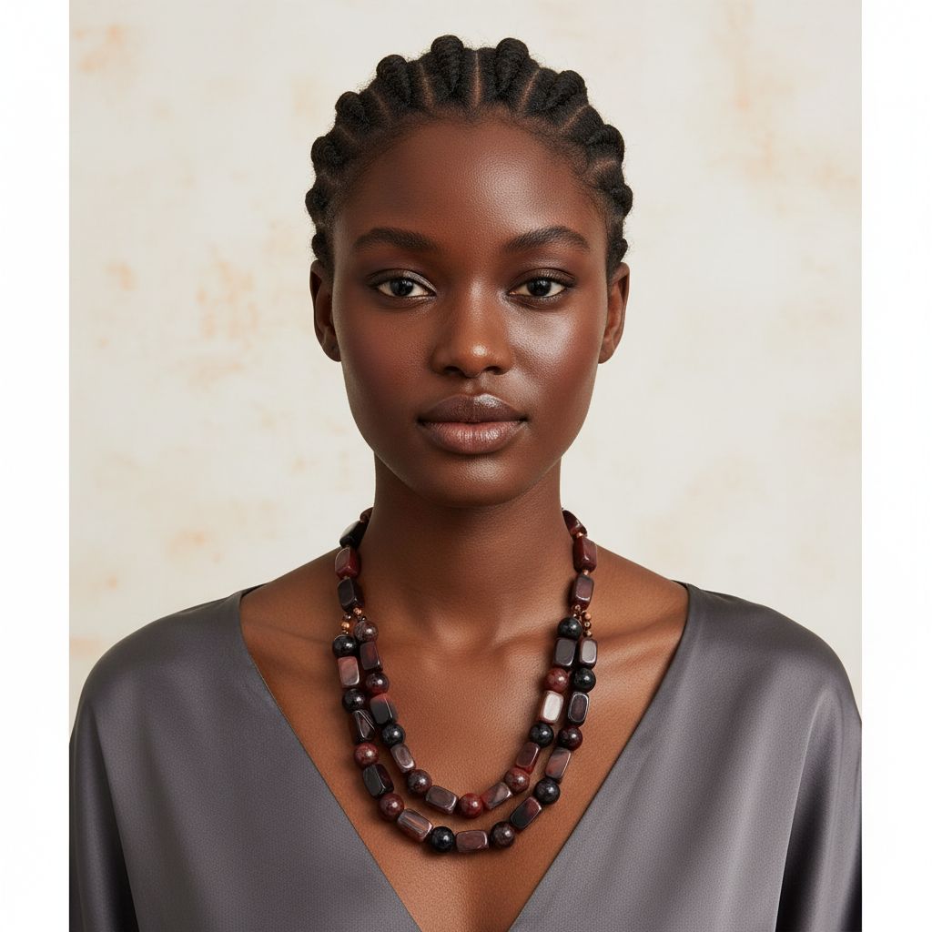 Collier pierres naturelles gris foncé double rang, bijou artisanal élégant femme