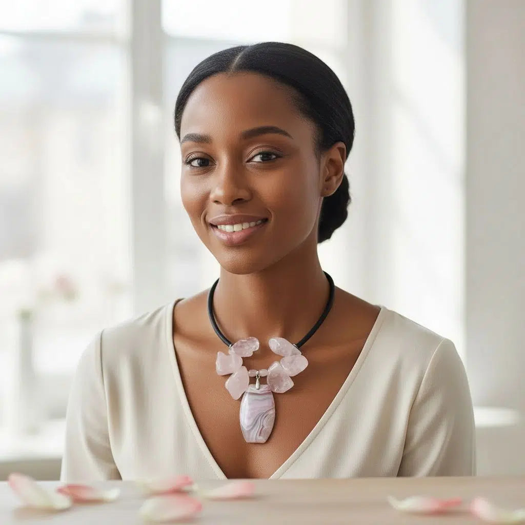 Collier quartz rose femme avec pendentif agate