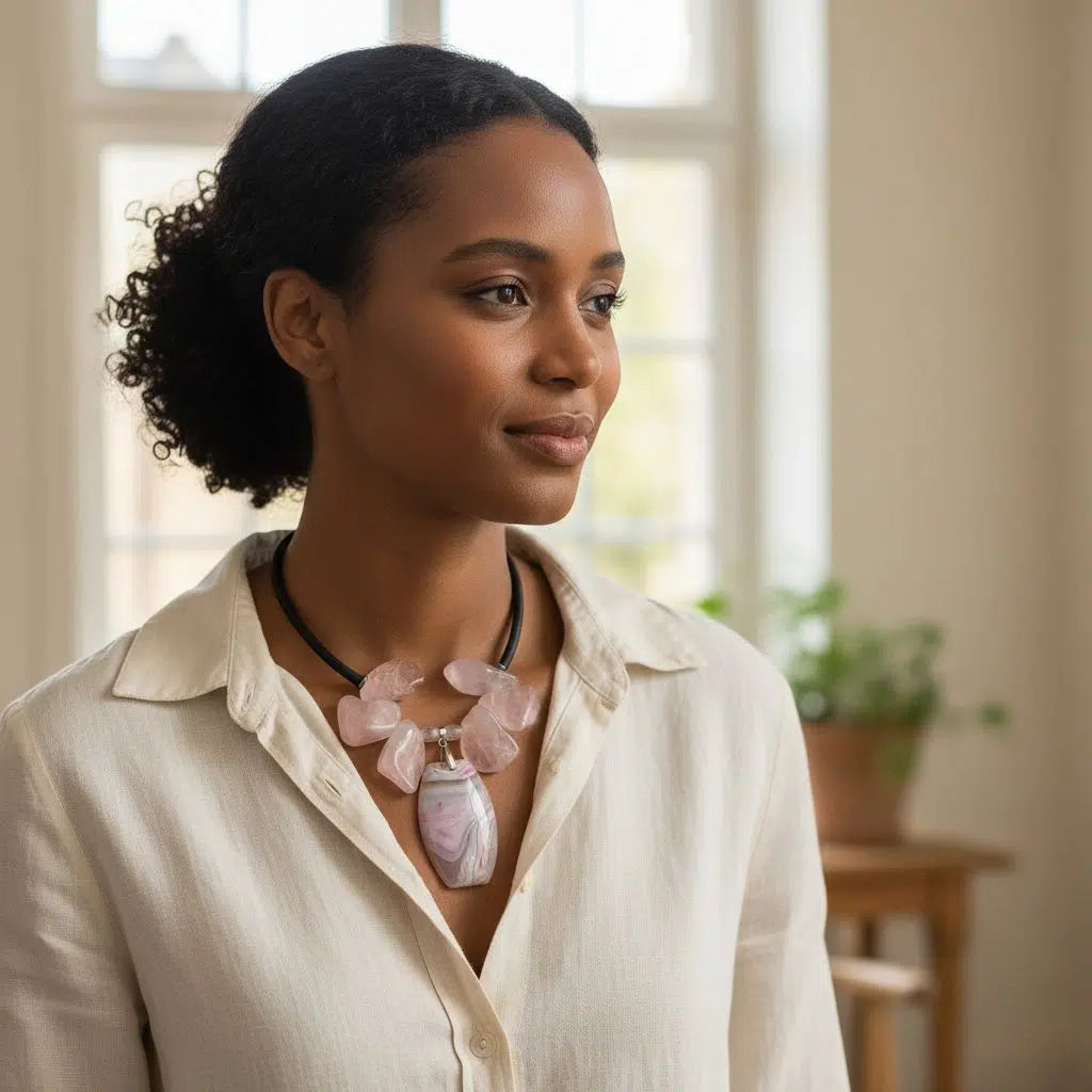 Collier quartz rose femme avec pendentif agate