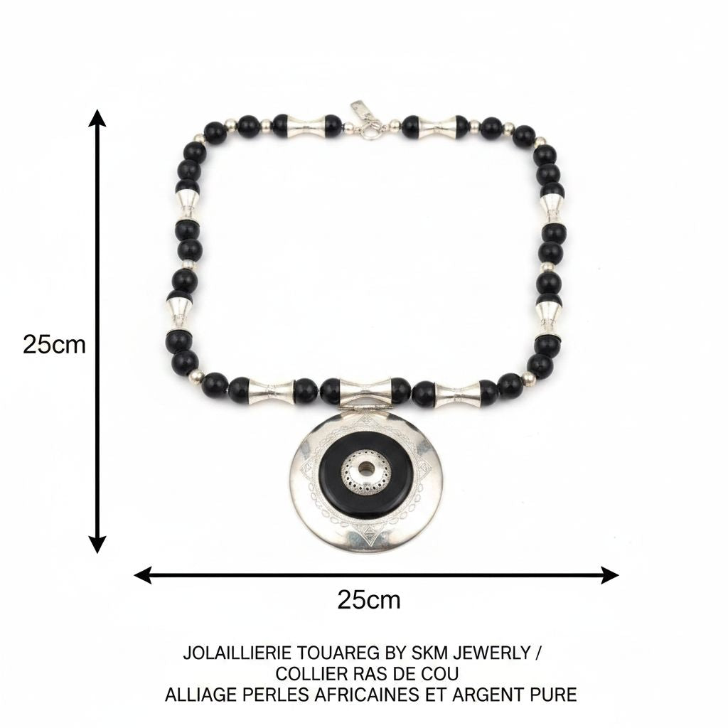 JOAILLERIE TOUAREG BY SKM JEWERLY, MAILLAGE ARGENT MASSIF PURE ET PERLES AFRICAINES/ ENSEMBLE COLLIER+ BOUCLES D'OREILLES ARTISANALES