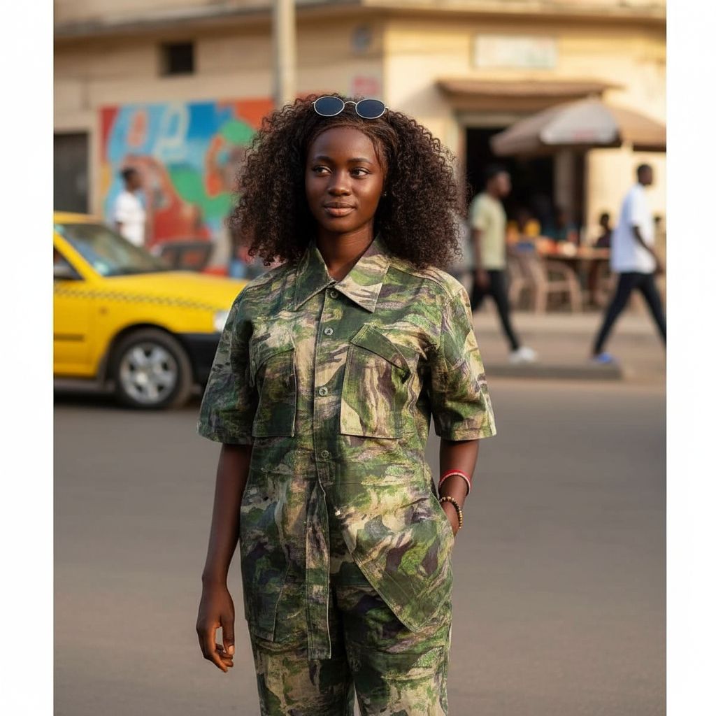 Combinaison camouflage femme pratique et robuste, style aventure kaki
