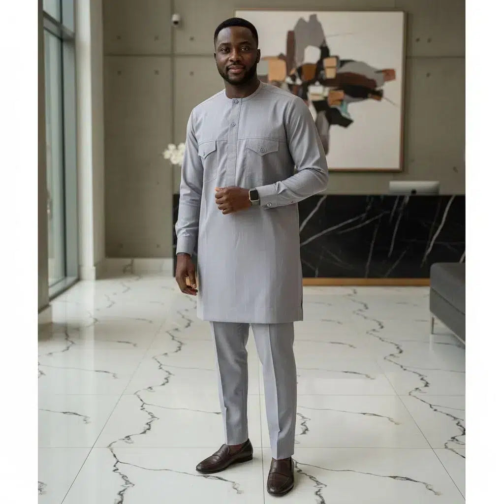 Costume africain homme gris élégant – Tenue traditionnelle moderne cérémonie