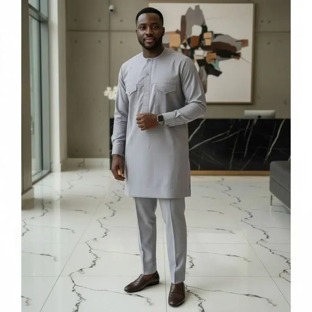 Costume africain homme gris élégant – Tenue traditionnelle moderne cérémonie