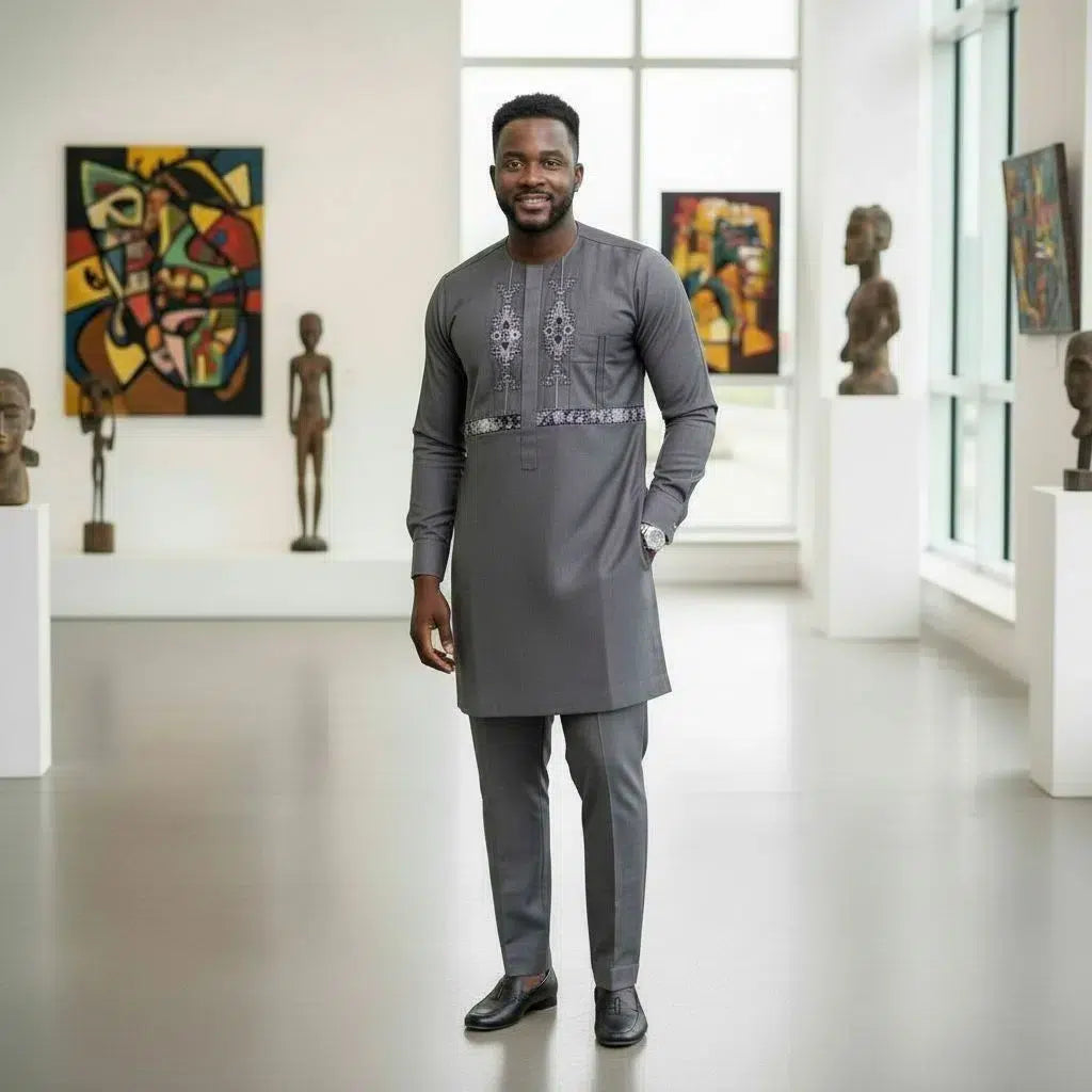 Costume africain homme gris anthracite brodé