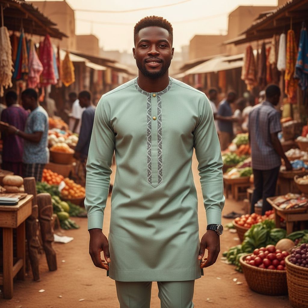 Costume africain homme beige brodé élégant – vêtement traditionnel chic