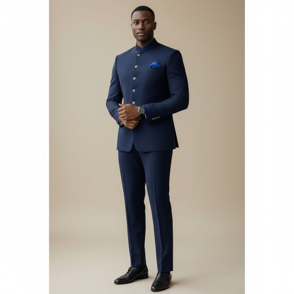 Costume africain homme bleu marine col officier élégant cérémonie mariages