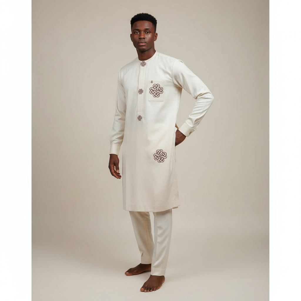 Costume africain homme élégant ivoire broderie, tenue cérémonie col mao