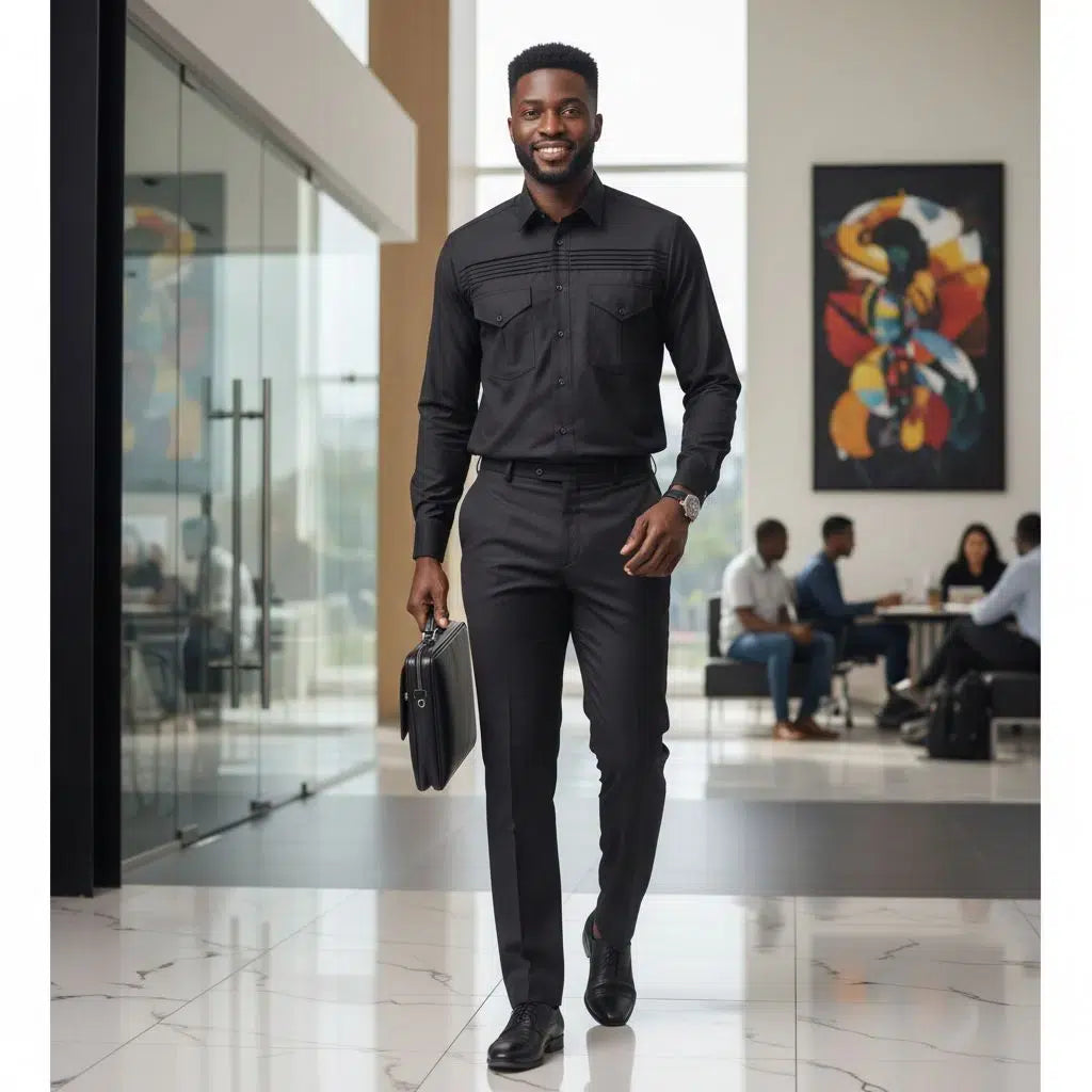 Costume Africain Homme Business Noir Coton-Polyester - Élégance Moderne