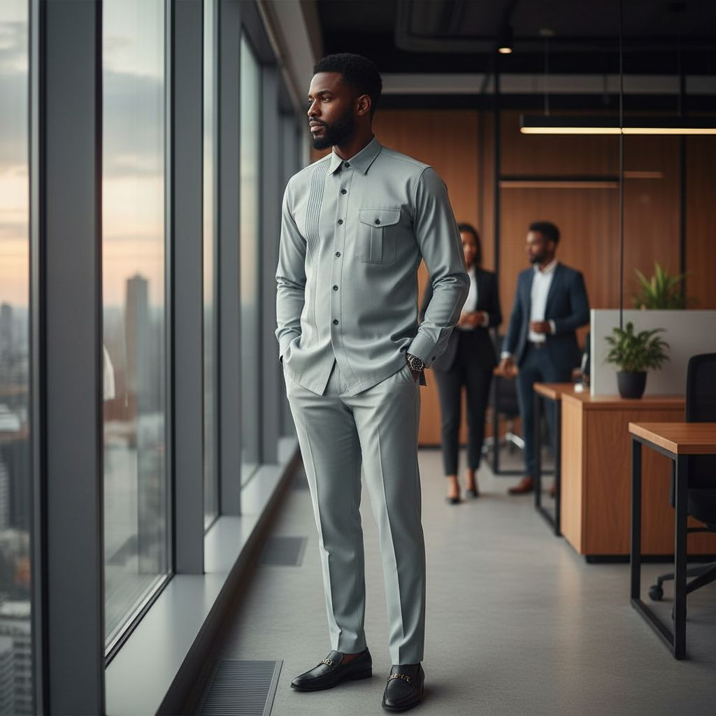 Costume Africain Tissu Satiné Gris Clair - Élégance Moderne Homme