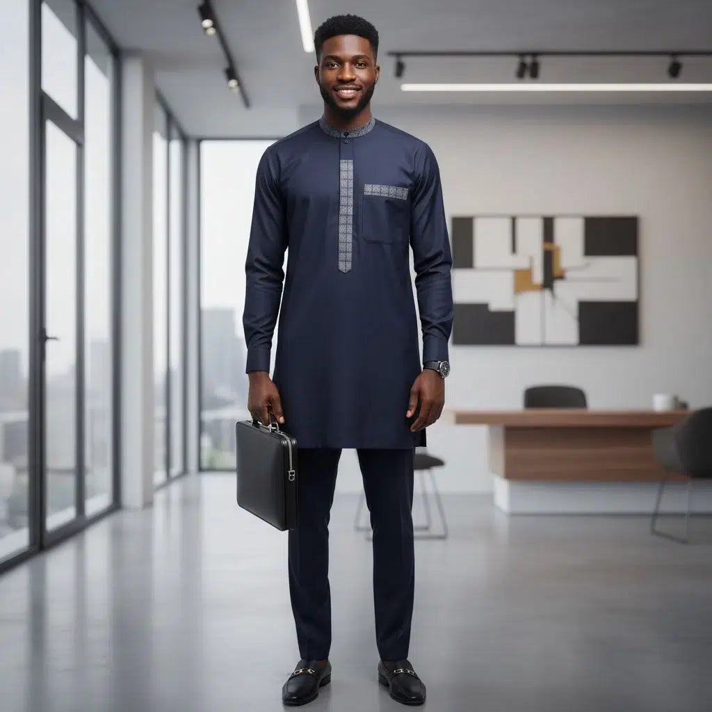 Costume Africain Bleu Marine Coton - Élégance Traditionnelle Moderne