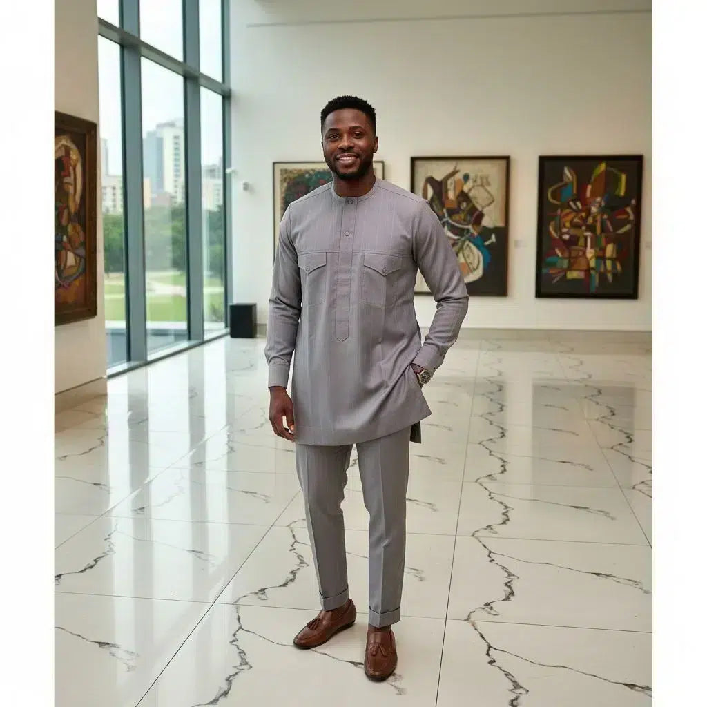 Costume africain homme gris élégant – Tenue traditionnelle moderne cérémonie