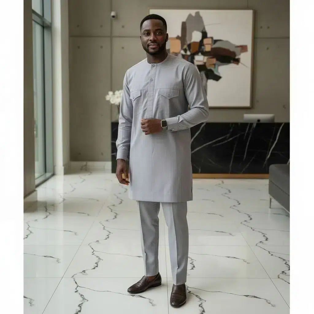 Costume africain homme gris élégant – Tenue traditionnelle moderne cérémonie