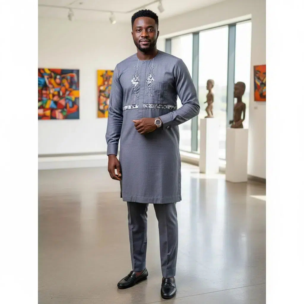 Costume africain homme gris anthracite brodé