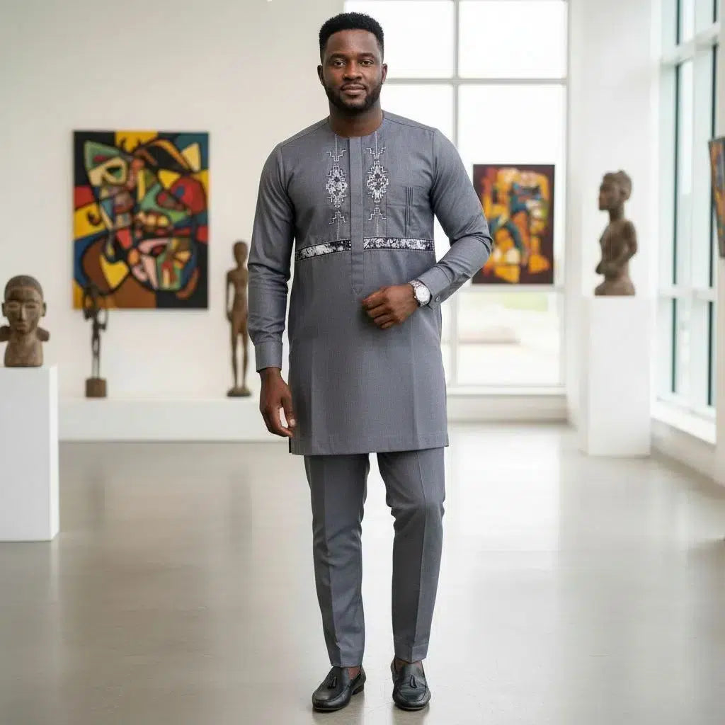 Costume africain homme gris anthracite brodé