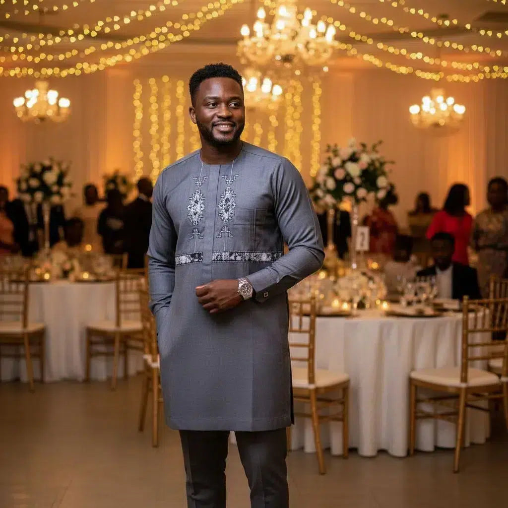 Costume africain homme gris anthracite brodé