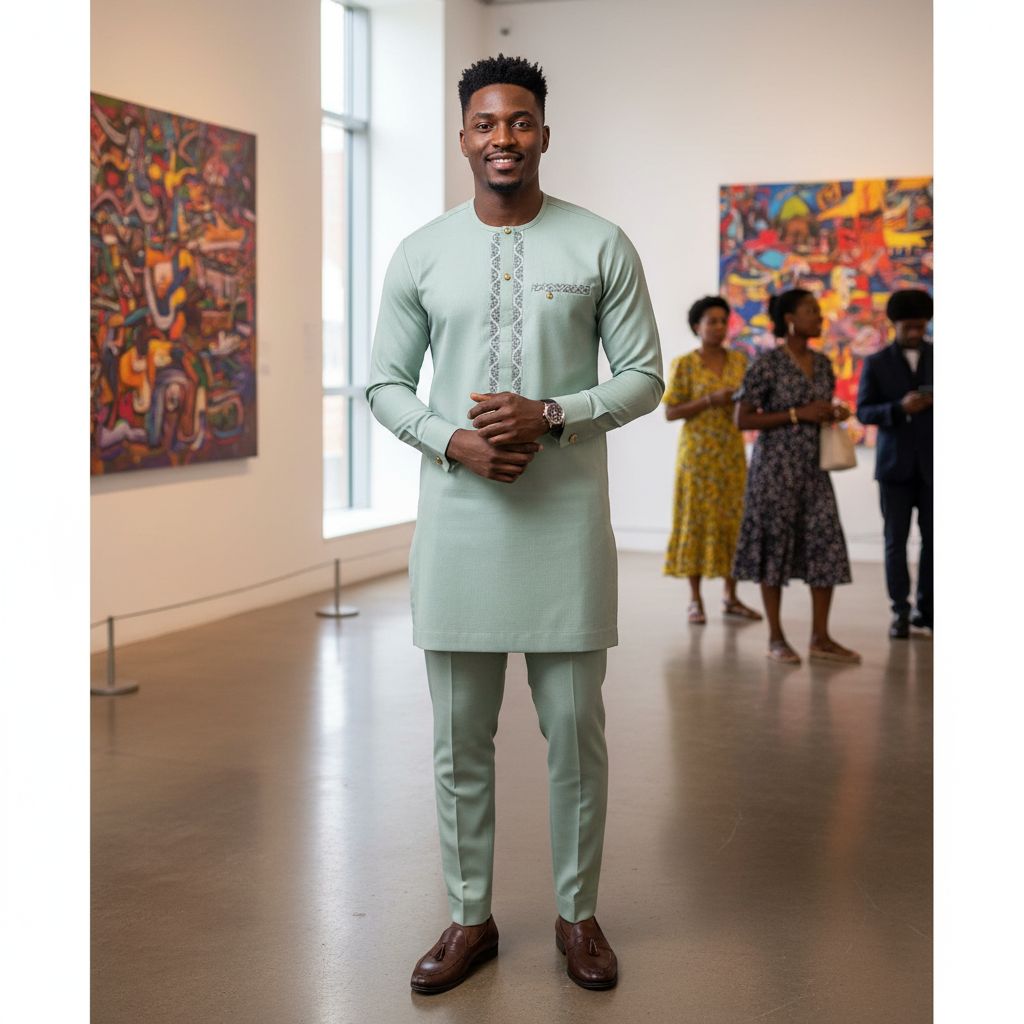 Costume africain homme beige brodé élégant – vêtement traditionnel chic