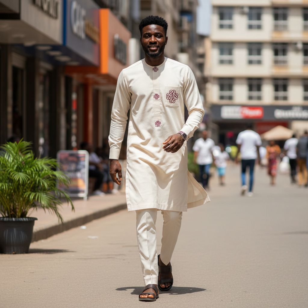 Costume africain homme élégant ivoire broderie, tenue cérémonie col mao