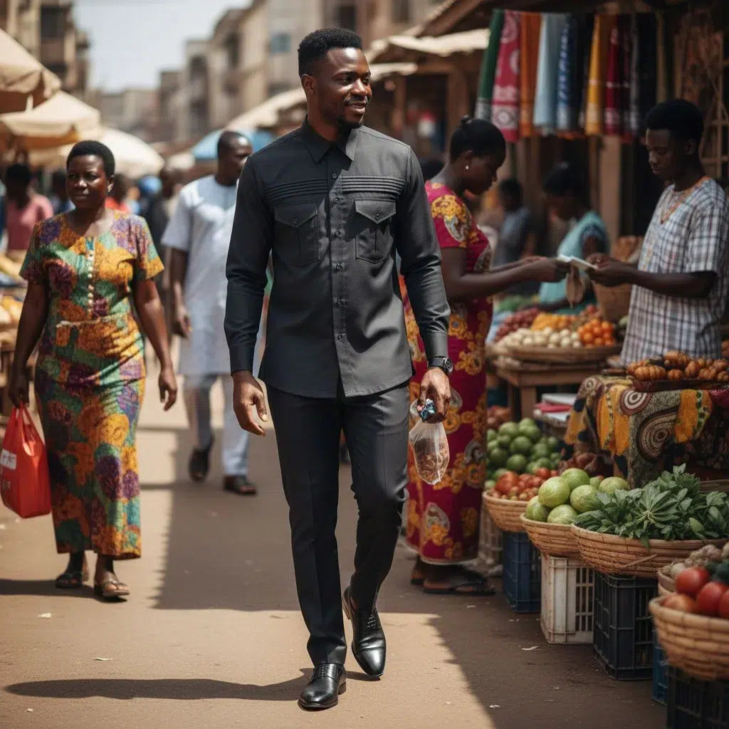 Costume Africain Homme Business Noir Coton-Polyester - Élégance Moderne