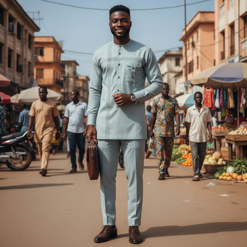 Costume Africain Tissu Satiné Gris Clair - Élégance Moderne Homme