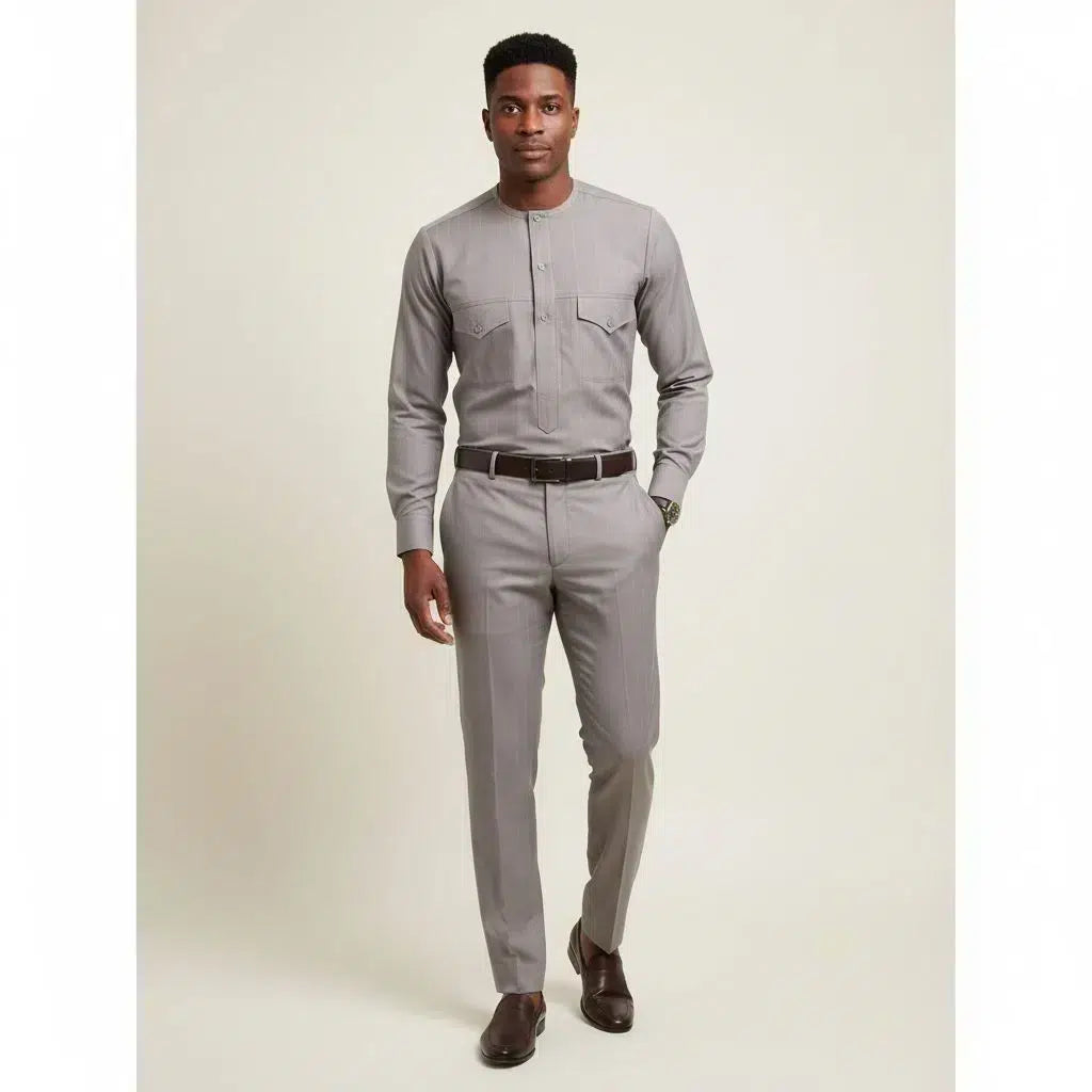 Costume africain homme gris élégant – Tenue traditionnelle moderne cérémonie