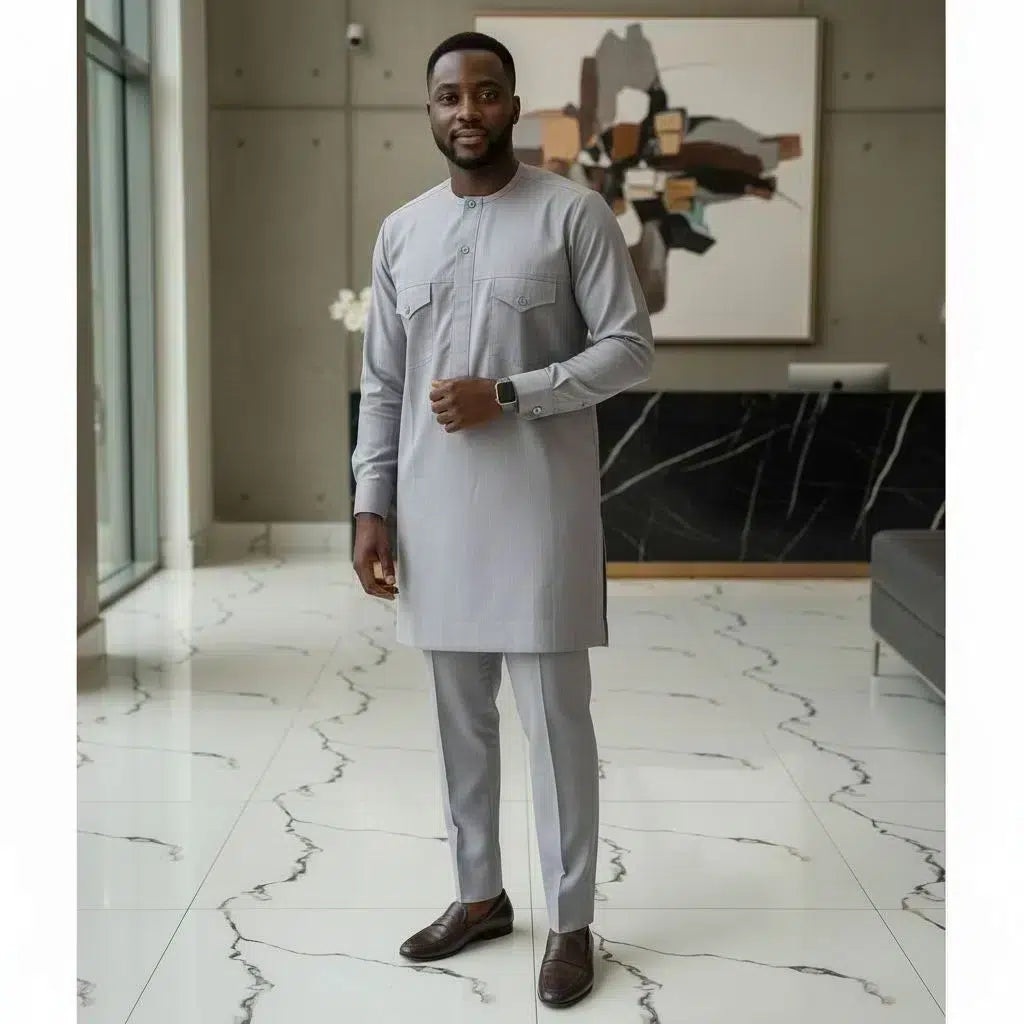 Costume africain homme gris élégant – Tenue traditionnelle moderne cérémonie