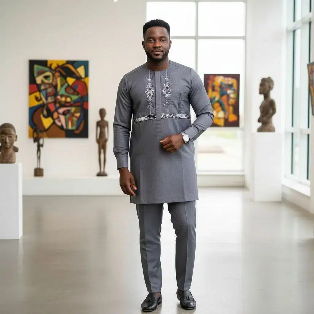 Costume africain homme gris anthracite brodé