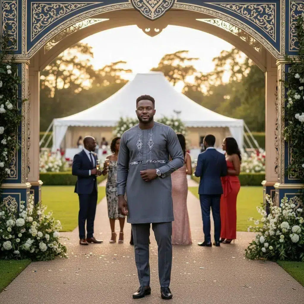 Costume africain homme gris anthracite brodé