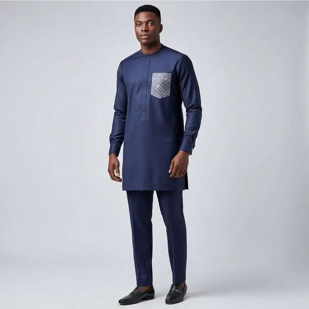 Costume Africain Bleu Marine Coton - Élégance Traditionnelle Moderne