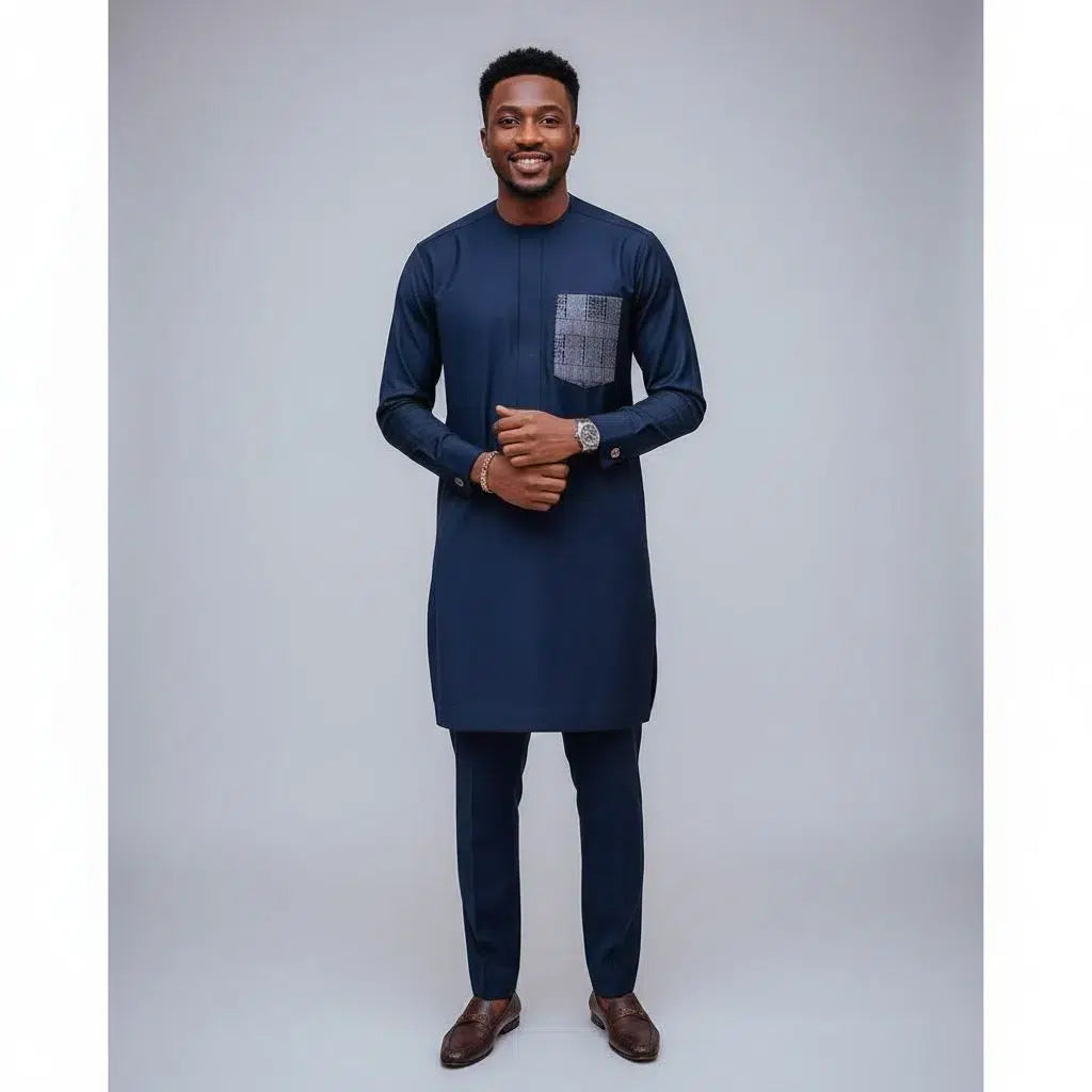 Costume Africain Bleu Marine Coton - Élégance Traditionnelle Moderne