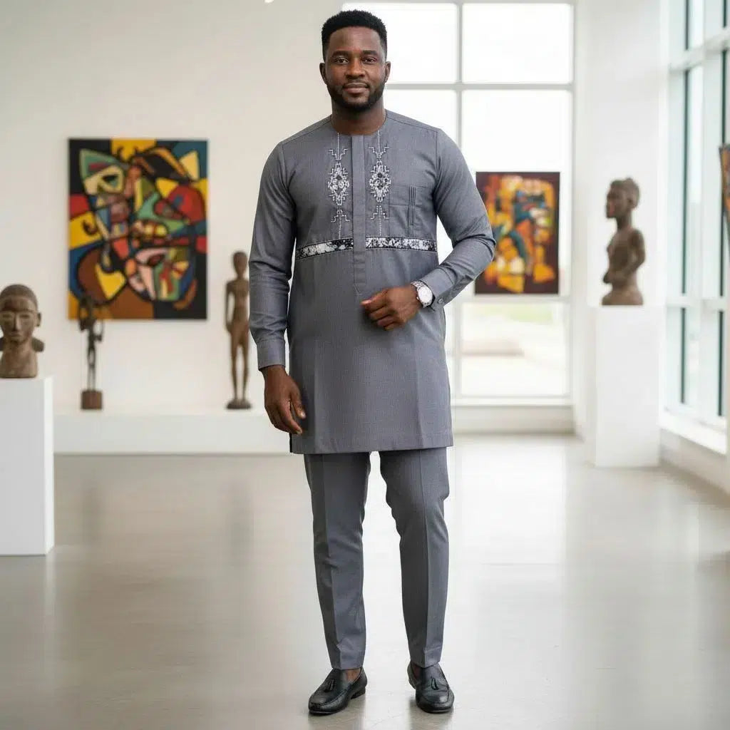 Costume africain homme gris anthracite brodé