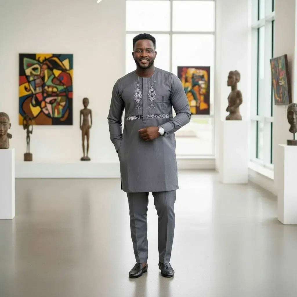 Costume africain homme gris anthracite brodé