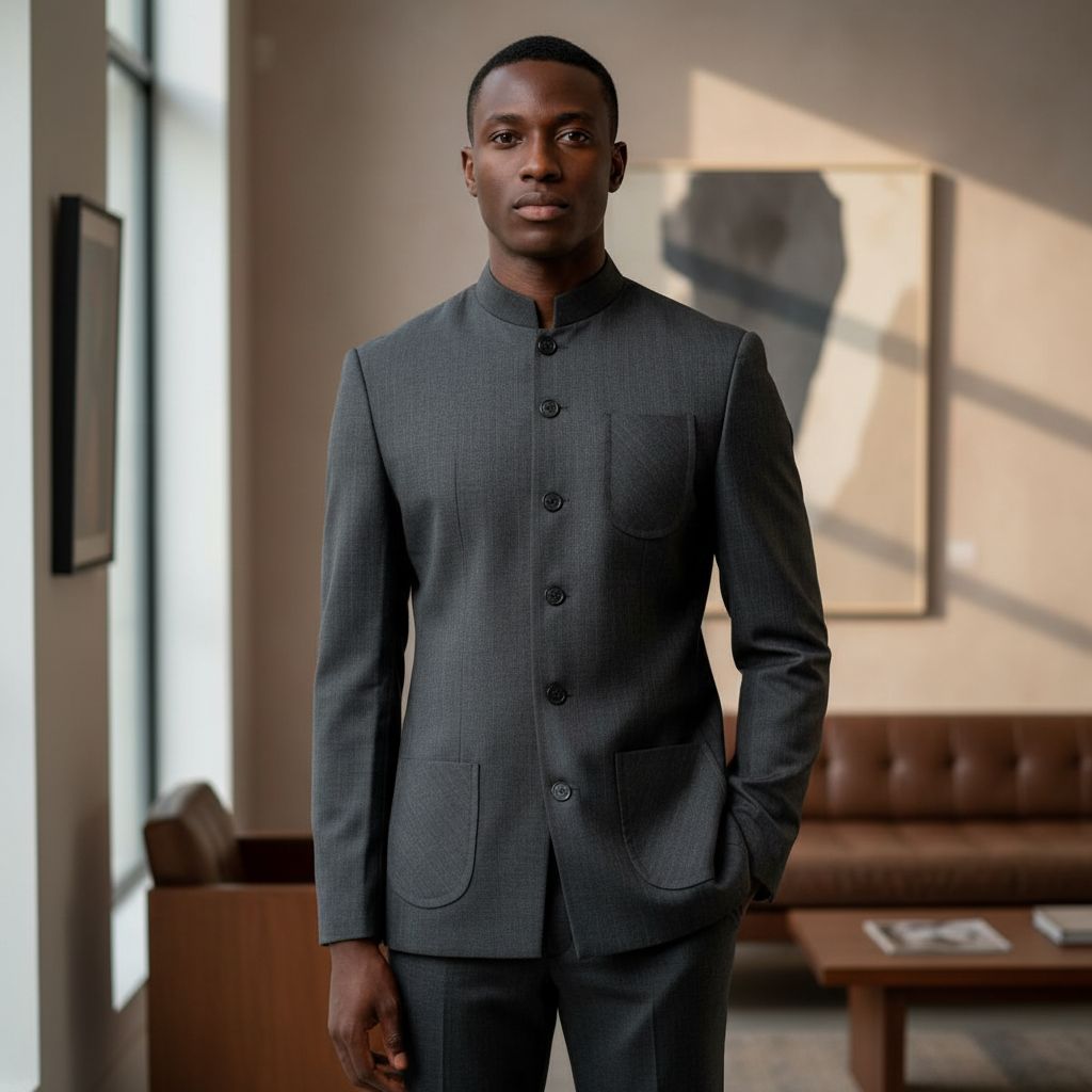 Costume homme moderne gris anthracite col mao ajusté