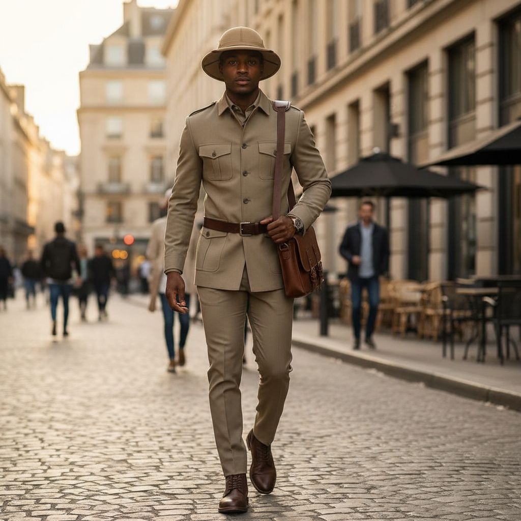 Costume safari homme chic, veste saharienne coton, élégant urbain et pratique
