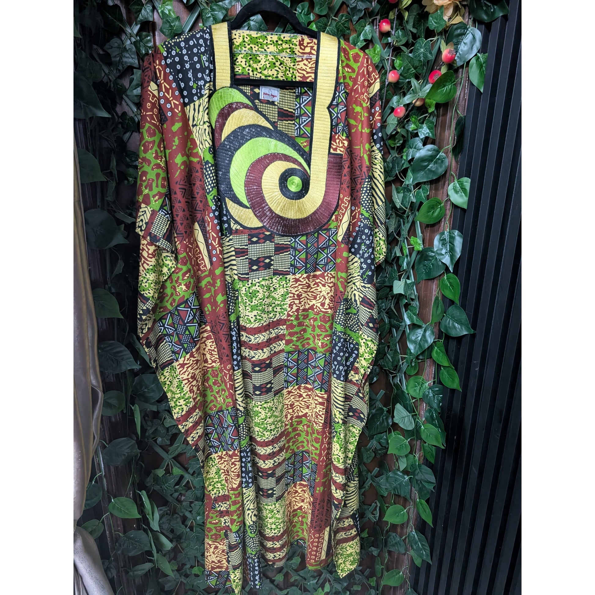 Boubou wax femme vert brodé en coton, robe africaine longue élégante