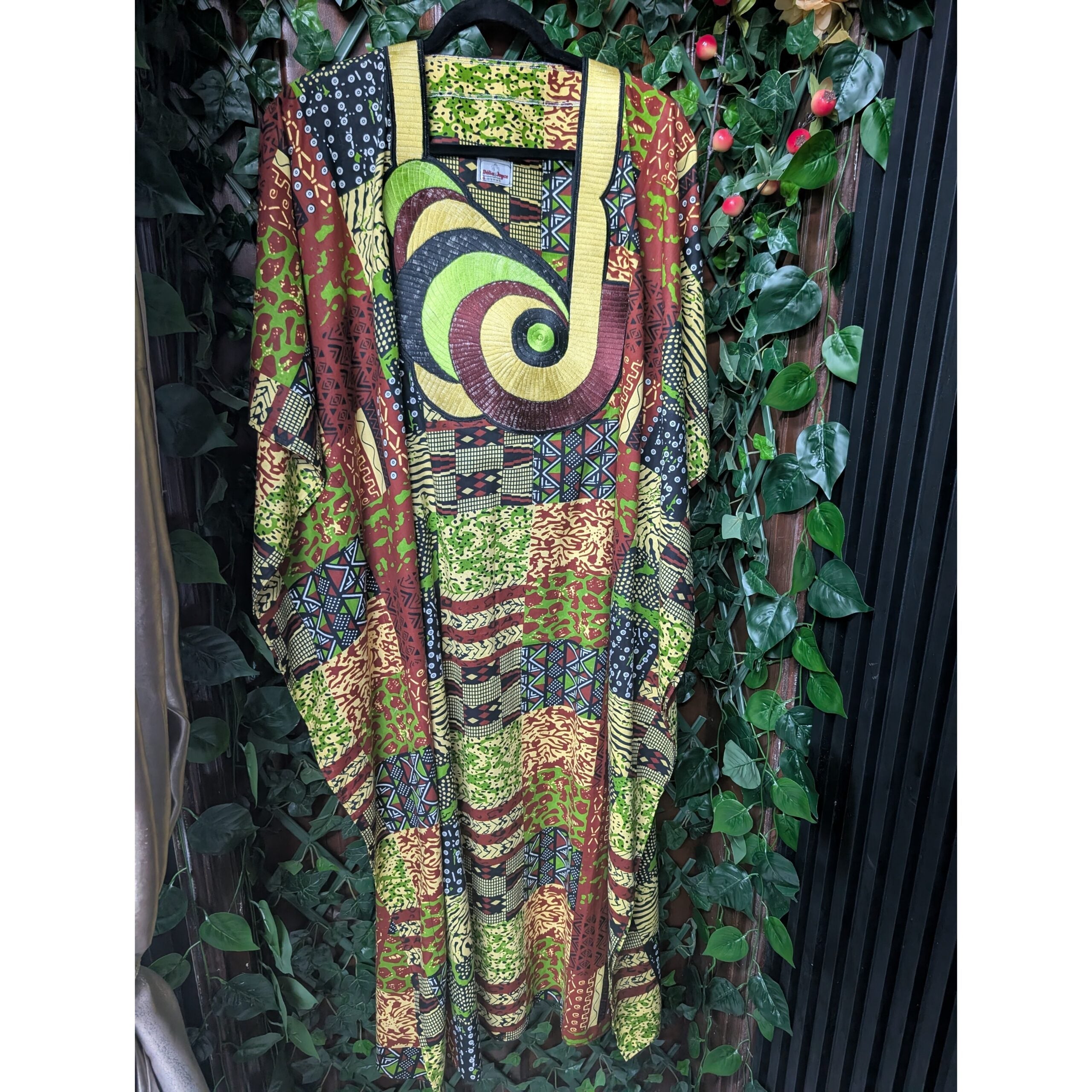 Boubou wax femme vert brodé en coton, robe africaine longue élégante