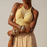 Crop top crochet femme jaune blanc fait main – Haut bohème chic été