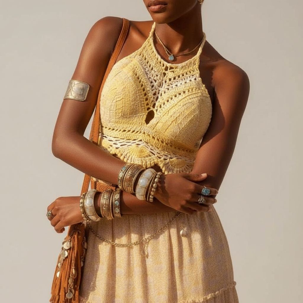 Crop top crochet femme jaune blanc fait main – Haut bohème chic été