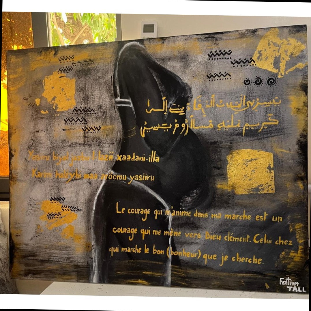 Tableau femme moderne or et noir, art contemporain spirituel, signé Fatim TALL