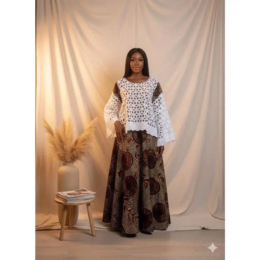 Jupe wax femme évasée &amp; haut brodé – Ensemble africain chic cérémonie