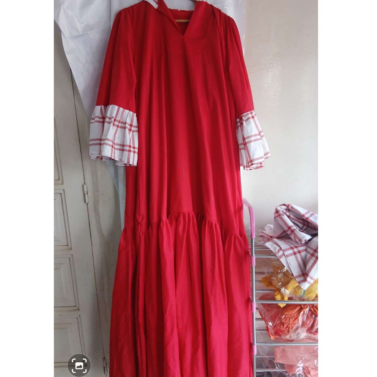 Robe femme coton rouge blanc longue chic décontractée manches 3/4